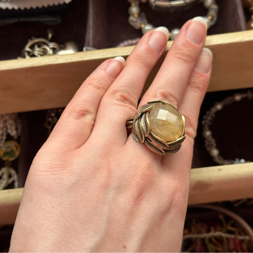 Vintage Bronze Rutilated Quartz Large Cocktail Ring Adjustable Band Gold Toned